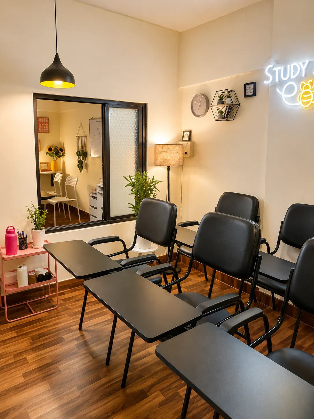 The Study Bee classroom, with the signature neon sign above rows of desks